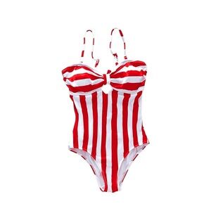 Red Stripe Print Halter Tummy‎ Control Lace up One Piece Swimsuit NWT Size M